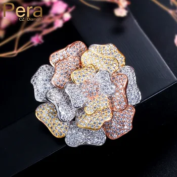 

Pera Luxury 3 Tone Gold Big 3D Flower Shape Brooches Pin Accessories for Nigerian Dubai Women Cubic Zirconia Paved Jewelry C007