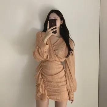 

Korea Chic Sexy Bodycon Dress Elegant High Waist Ruffle Trim Solid Color Sheath Lady Mini Dress Long Sleeve Ropa Mujer Sukienki