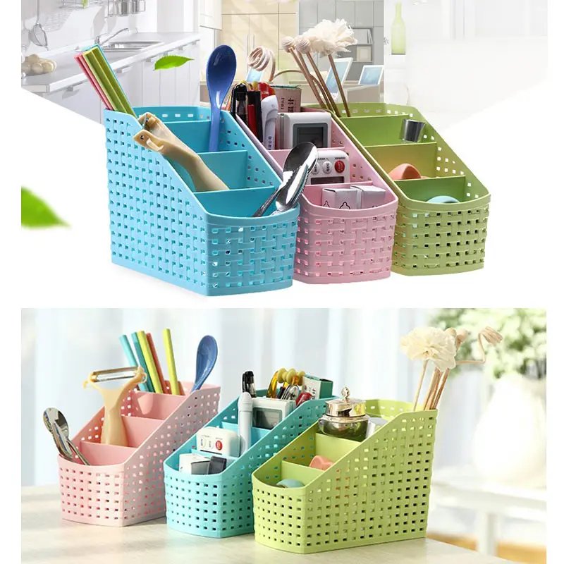 Plaited Organizer Makeup Storage Box Cosmetics Desk Holder Plastic Rattan for Home Office Phone Remoter Four Five Checks 6