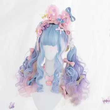 

Cosplaysalon Lolita 67CM Lolita Long Curly Mix Pink Blue Rainbow Sweet Bangs Ombre Cute Party Synthetic Hair Cosplay Wig