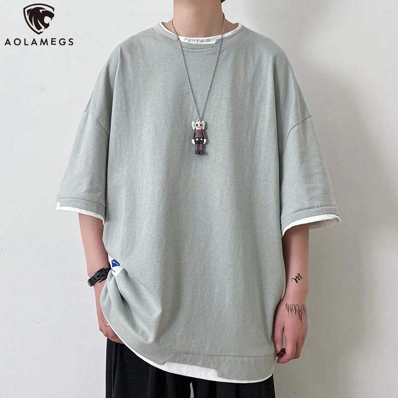 

Aolamegs T Shirt Men Fake 2 Pieces Loose Tops Tee Casual Solid Color Harajuku t-shirt All-match Short Sleeve Streetwear Summer