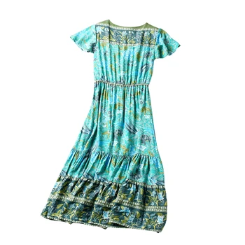 

2020 New Flying Bird Print Midi Dress Button V Neck Ruffles Sleeve Vintage chic Vestidos Boho Beach Casual Women Summer Dress