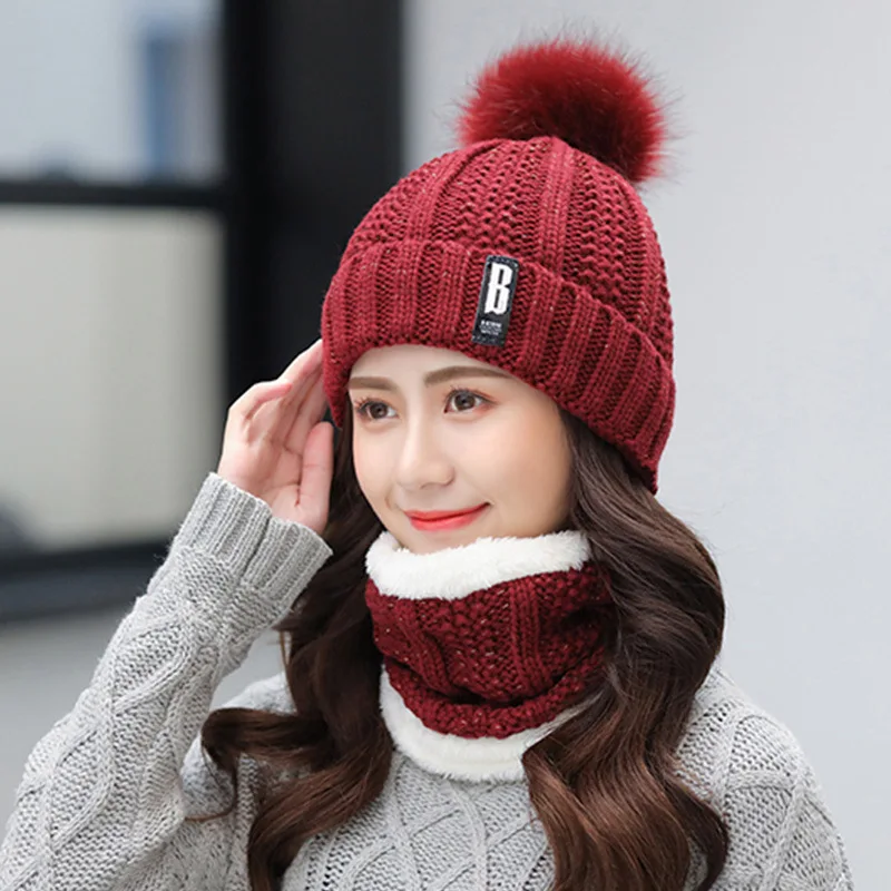 Intimate Design Women Winter Beanie PomPom Hat Thick Warm Soft Neck Warmer Knit Balaclava Soft Fabric Not Easy To Pilling