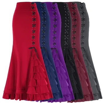 

Women Skirts Victorian Style High Stretchy Nylon-Cotton Ruffled Fishtail Mermaid Skirt Elegant Evening Party Lady Long Skirts