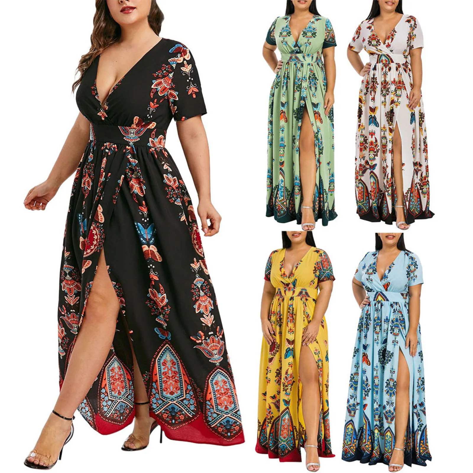 Plus Size Dress Women Butterfly Printed V-Neck Ladies  Split Sexy Short Sleeve Casual Long Dress Summer Ankle-length Vestido 1