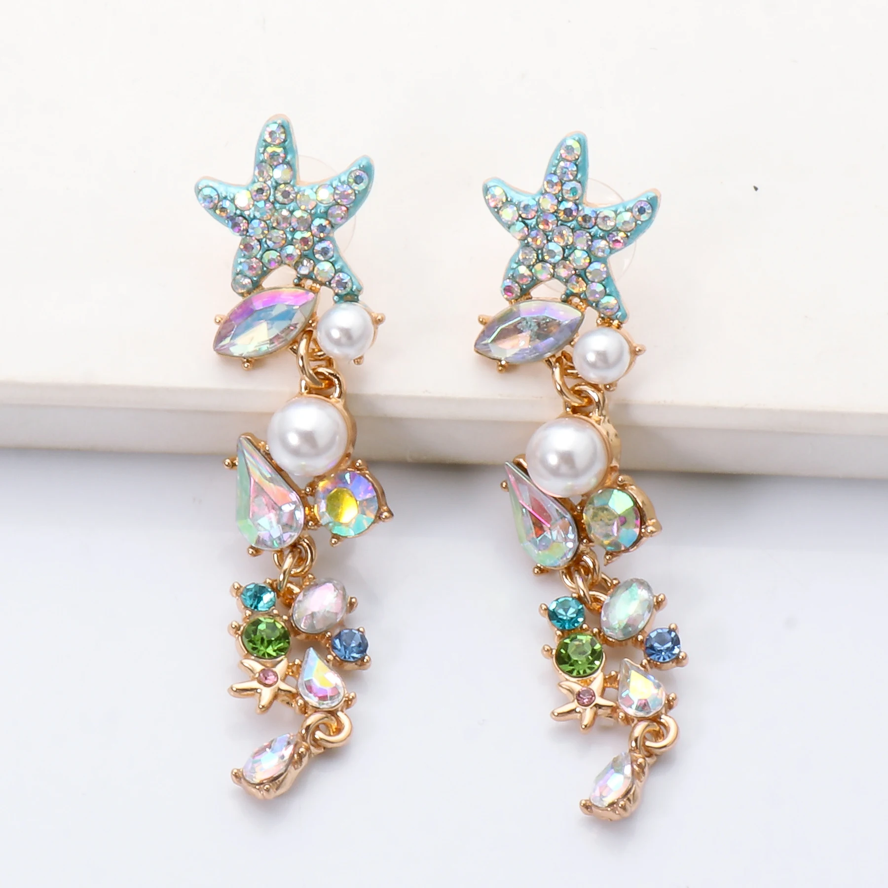 Starfish Earrings Summer Crystal Dangle Drop For Women Sandy beach Pearl Zircon