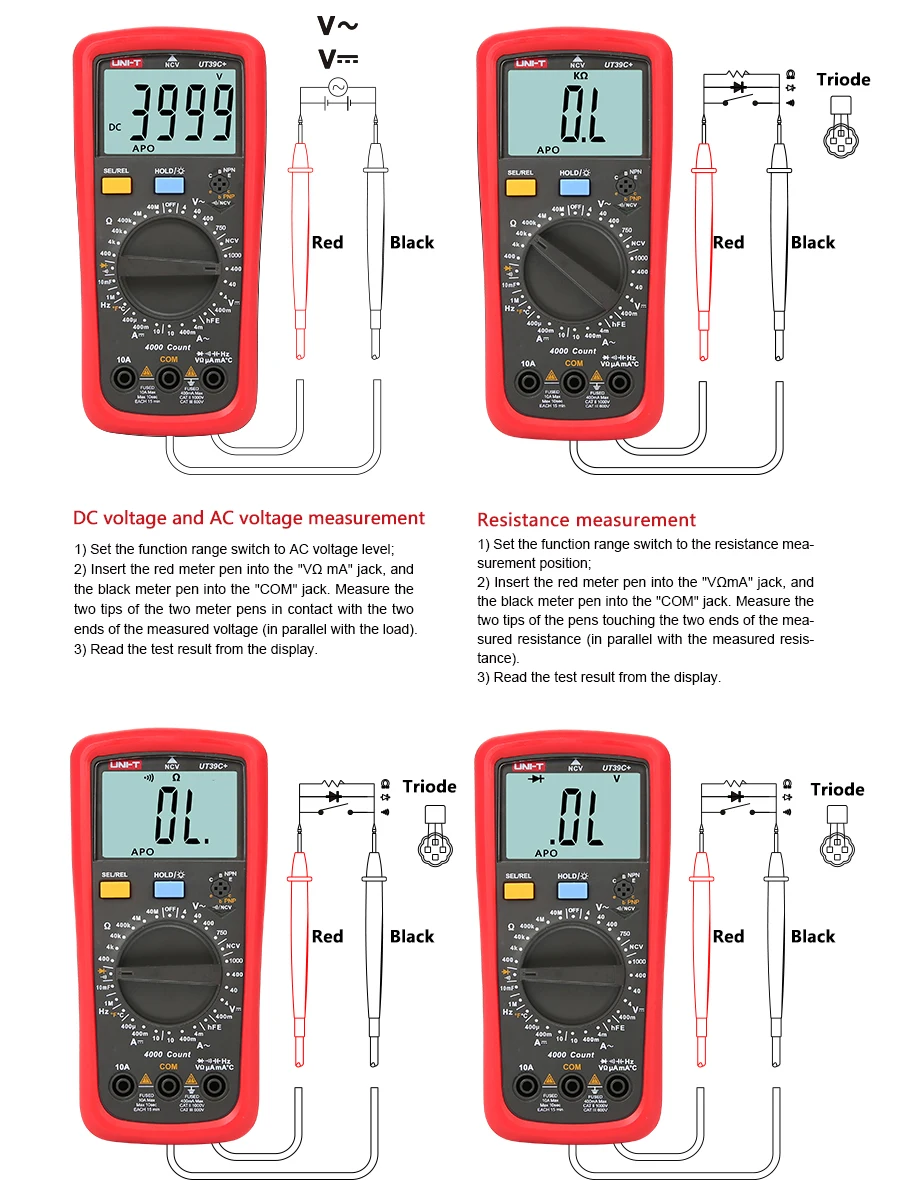 UNI-T UT39C+ цифровой мультиметр Авто Диапазон тест er обновлен от UT39A/UT39C AC DC V/A Ом/температура/частота/HFE/NCV тест