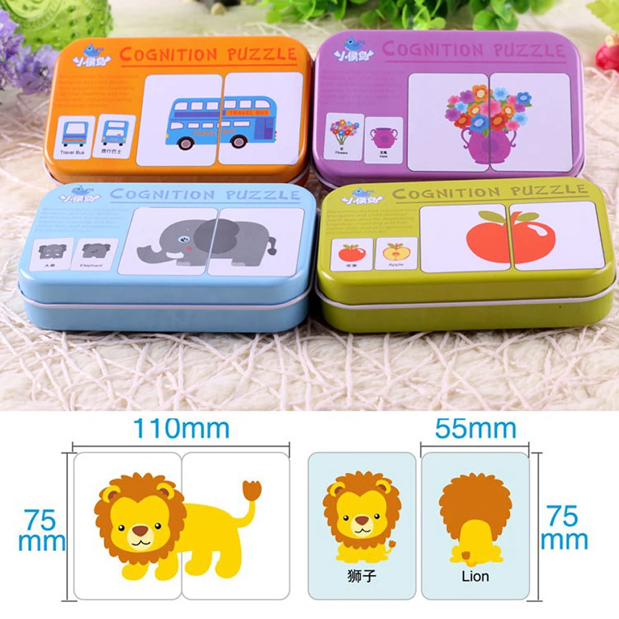 

Baby Cognition Puzzle Toys Toddler Kids Iron Box Cards Matching Game Cognitive Card Car Fruit Animal Life Puzzle