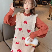 Милый свитер, жилет, юбка для женщин, осенняя и зимняя одежда, длинный вязаный жилет, юбка с воротником-стойкой, рукав-фонарик, женская блузка