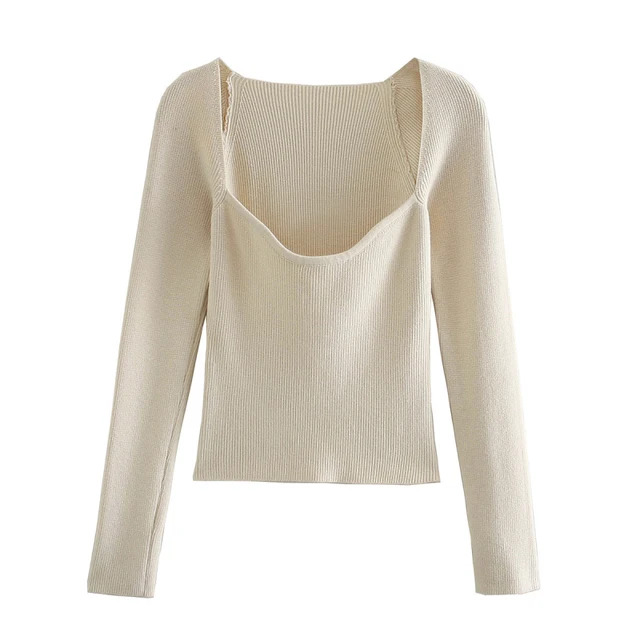 Stylish Chic Beige Knitted Cropped Blouses Women 2021 Fashion Sexy Square Collar Shirts Girls Streetwear Casual Tops 5