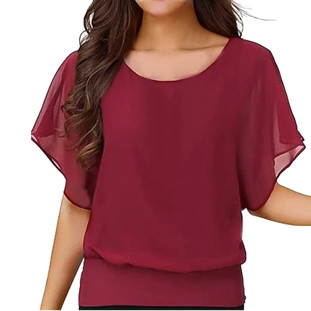 2S# женская Свободная Повседневная шифоновая блузка с коротким рукавом и рукавом летучая мышь, летняя блузка размера плюс, женская блузка с круглым вырезом - Цвет: Wine