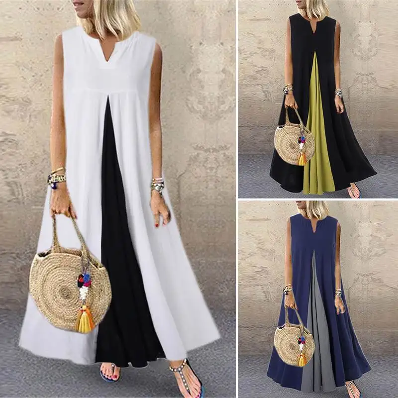 Ceny Plus Size ZANZEA kobiety lato bez rękawów patchwork sukienka w stylu Vintage pościel bawełniana Vestido szata Femme długi Sundress Kaftan sukienki 7