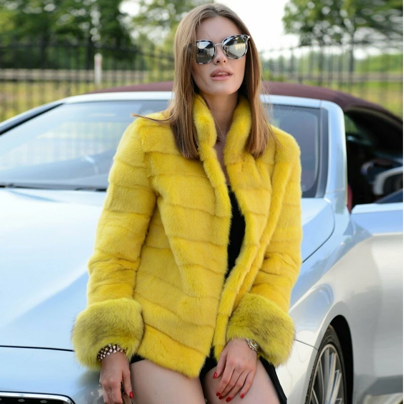 Tatyana Furclub, женская Норковая Меховая куртка с воротником, модная желтая Шуба на шею, пальто из натуральной лисьего меха, зимние теплые норковые шубы