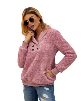 

Winter Fashion Double-Breasted Plush Hoodies Turn-Down Collar Women Solid Long Sleeve Sweatshirts Pockets Casual Loose Tops