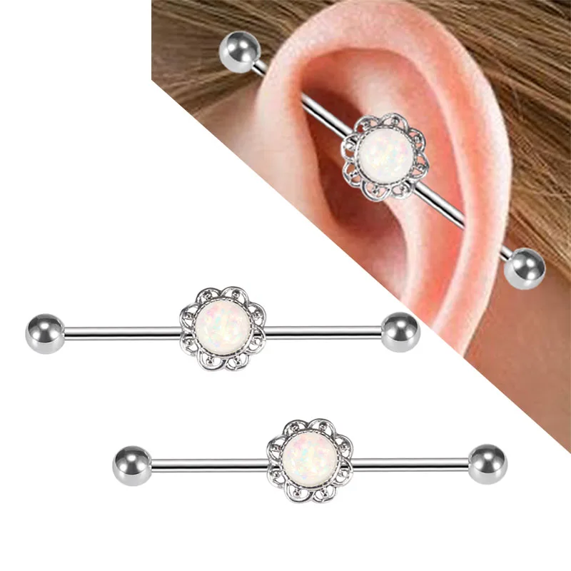14G Flower Industrial Earrings Cartilage Helix Tragus Titanium Steel Artificial Opal Stone 1.6mm Anti-allergic Punk Jewelry New | Украшения
