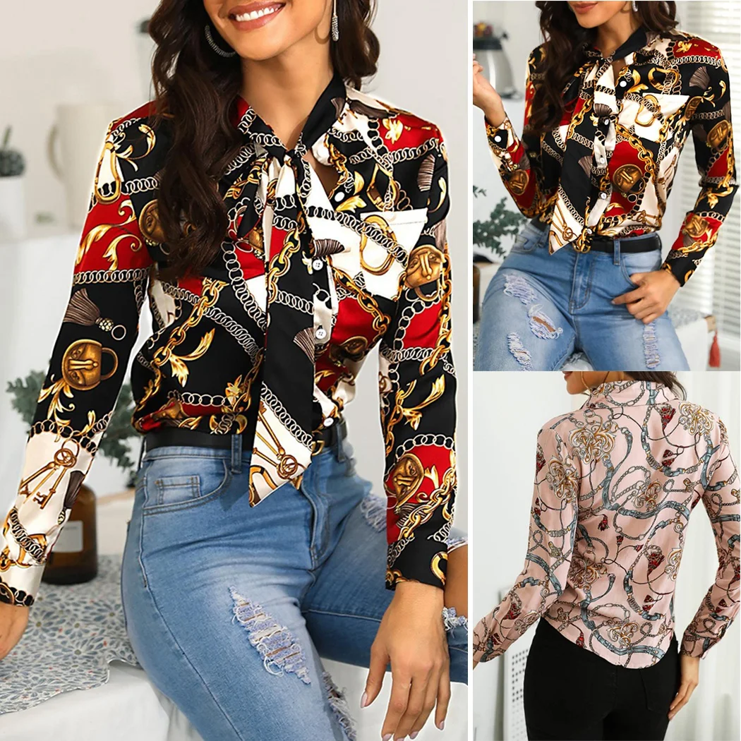 Autumn Long Sleeve Chiffon Blouse Office Ladies Chain Print Blouses OL Style Women Lace Up Bow Buttons Shirt Tops Blusas