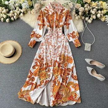 

Palace Vintage Big Print Dress European National Style Lapel Long Sleeve Waist Was Thin Long Skirt