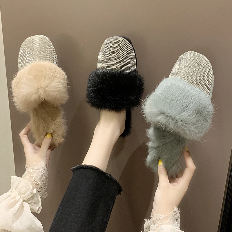 

Sequin Ladies Shoes Home Floor Soft Women Indoor Slippers Bling Outsole Plush Flat Slippers Female Cashmere Warm Fur Casual Shoe