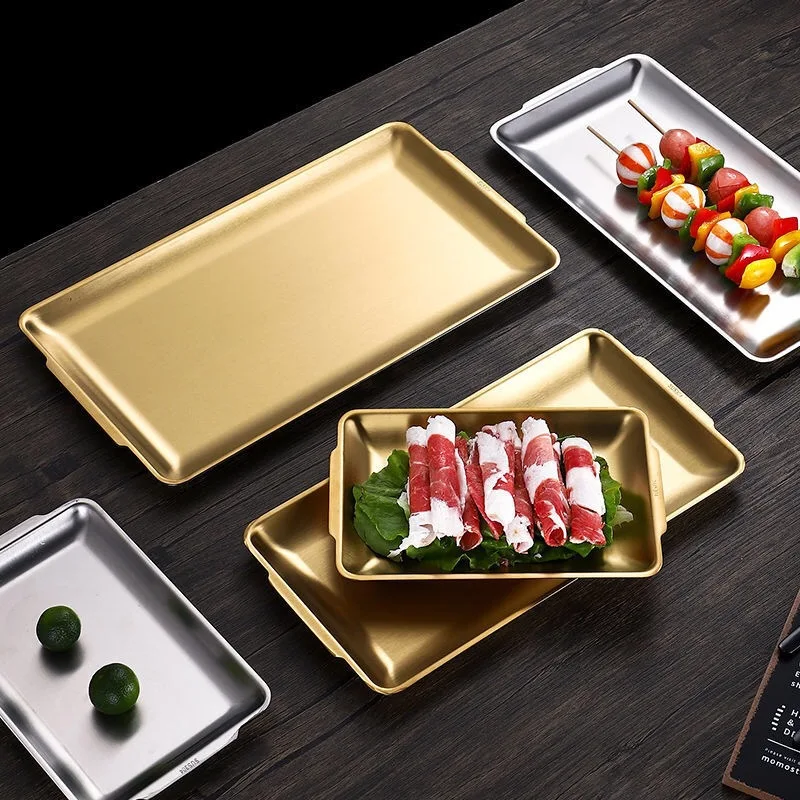 Thicken Stainless Steel Food Storage Shallow Trays BBQ Sushi Flat Dish Bread Pastry Baking Pan Kitchen Fruit Vegetable Plate storage tray kitchen tray bamboo organizer tray