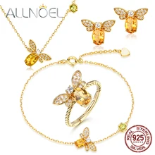 ALLNOEL, цитрин, пчела, ювелирные наборы, ожерелье, серьги, кольца, браслет для женщин, серебро пробы, 925 Золото, свадебный подарок