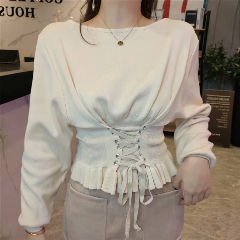 Новинка, женская одежда, свитера и пуловеры, пояс, moda feminina, женские белые оборки, осенние женские топы, без рукавов, винтажный стиль