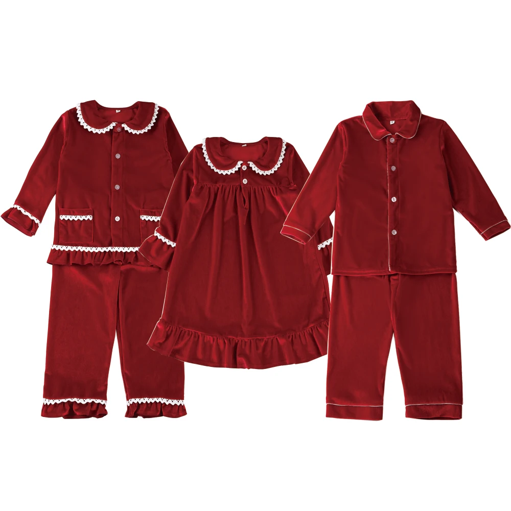 2021 XMAS PJS Red Velvet Button Up Christmas Pyjamas Kids Sleepwear Matching Pj Girls Pijama Sets | Мать и ребенок