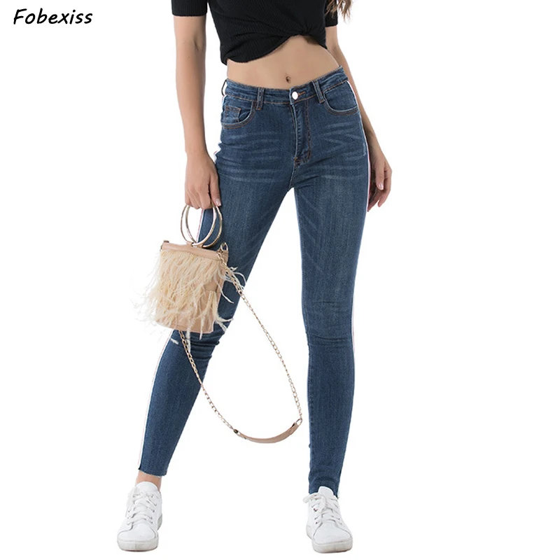 

Skinny Jeans Women Mid Waist Ribbon Distressed Washed Mom Jeans Vintage Deep Blue Boyfriend Jeans For Women Denim Pants Female