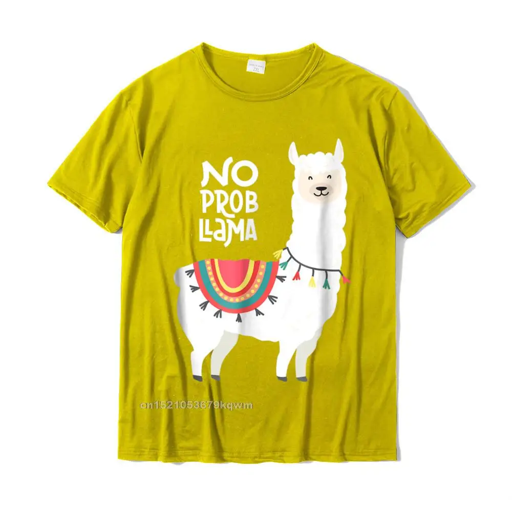 Classic Cotton Tops Shirts for Men Printed On T-Shirt Gift Brand Round Collar Tops Tees Short Sleeve Free Shipping Cute quot No Prob Llama quot Llama Funny Tshirt__4460 yellow