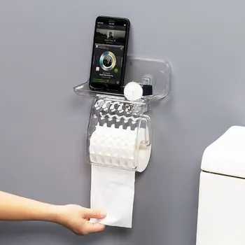 

Toilet Roll Paper Holder with Mobile Phone Storage Shelf Wall Mounted Self Adhesive Tissue Rack Bathroom Accessories