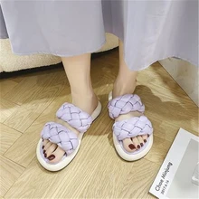

Sandals women 2022 comfortable flat summer narrow belt woven platform slippers outdoor open toe Fashion s beach shoes