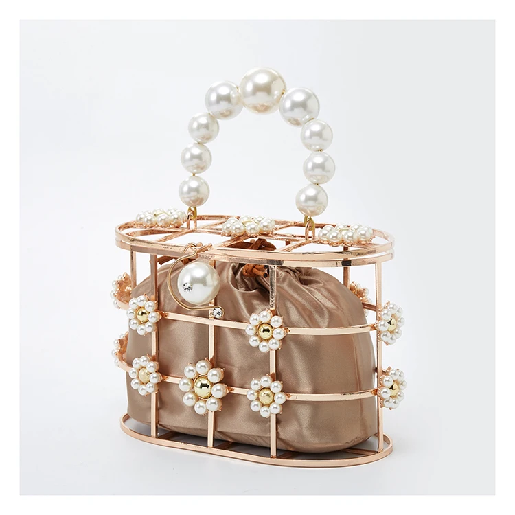 Pearl Flower Basket Evening Bag Women Summer New Elegant Korean Hollow Out Alloy Metallic Clutch Handbag Female Fashion