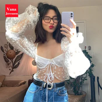 

White Mesh Perspective Blouse Sexy Woman Street Wear Short Tops Summer Daisy Wave Point Bow Bandage Long Sleeve Blouse Top