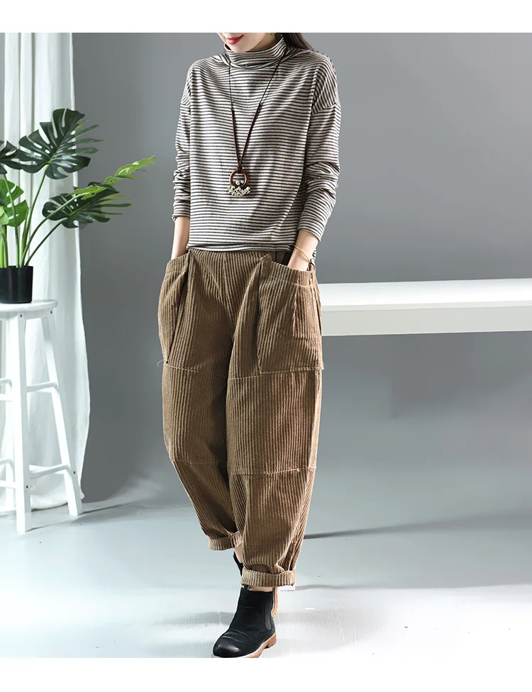 Runback Pantalones Mujer вельветовые повседневные женские штаны-шаровары в стиле ретро с большими карманами, брюки с высокой талией, Весенняя однотонная женская одежда