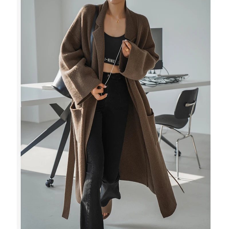 New Chic Oversized Cardigan Women Woolen Sweaters Lace Up Fall 2021 Korean Brown Long Knit Kimono Streetwear Winter |