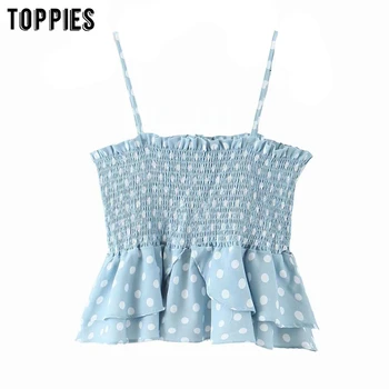 

summer cmaisoles tops sexy sleeveless crop tops polka dot printing light blue slim t-shirts ruffles hem