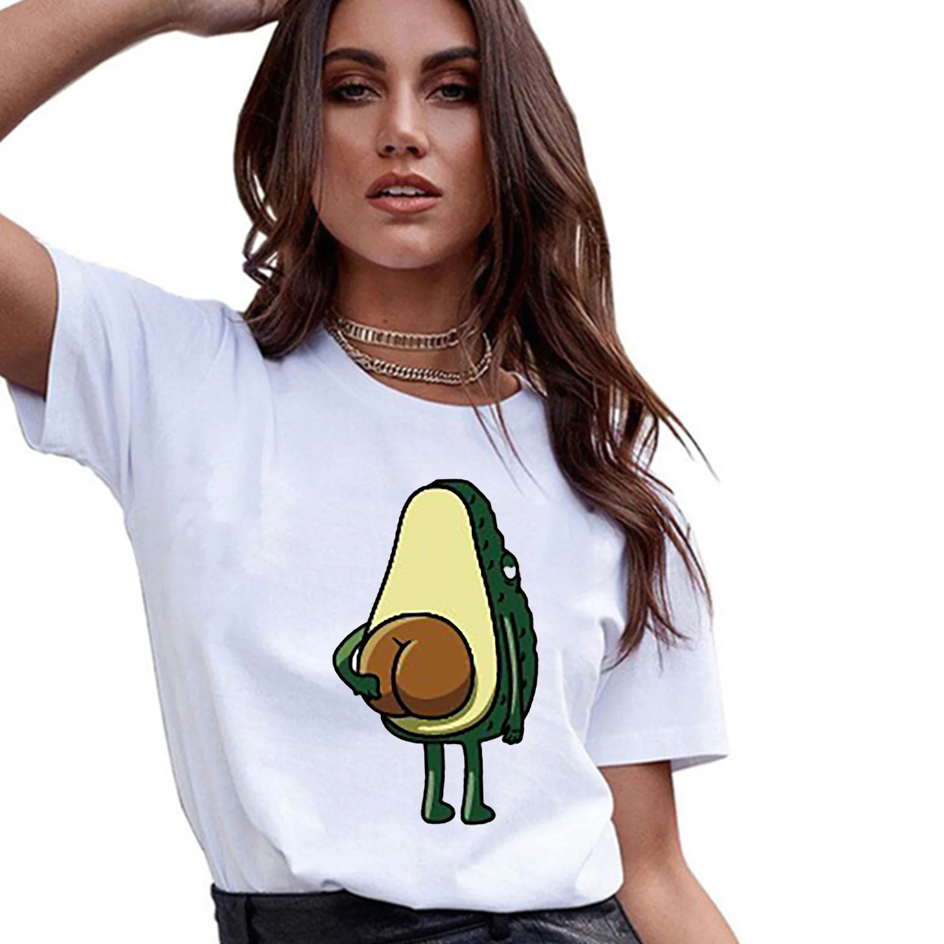 

2020 New Arrival T Shirt Women Large Avocado Frog Printed Casual T shirt Loose Top Sweet Tees 100% Cotton T Shirt Plus Size
