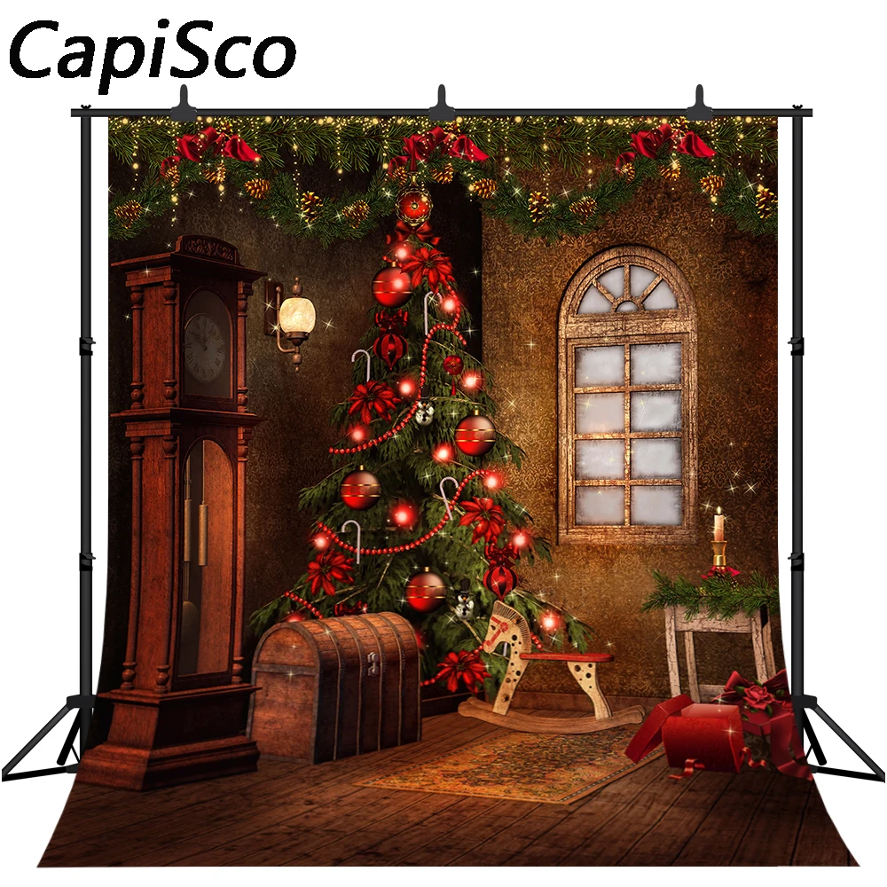 

Capisco Christmas Backdrop Balls Hobbyhorse Santa Gift Box Retro House Photo Background Kids Adults Happy New Year Studio Props