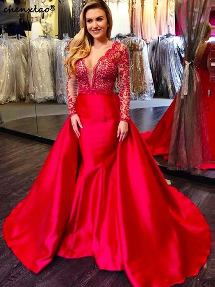 

robe de soiree Evening Dresses Modest Formal Dresses Red Lace Satin Matte Mermaid Evening Gowns Elegant Long Custom Made