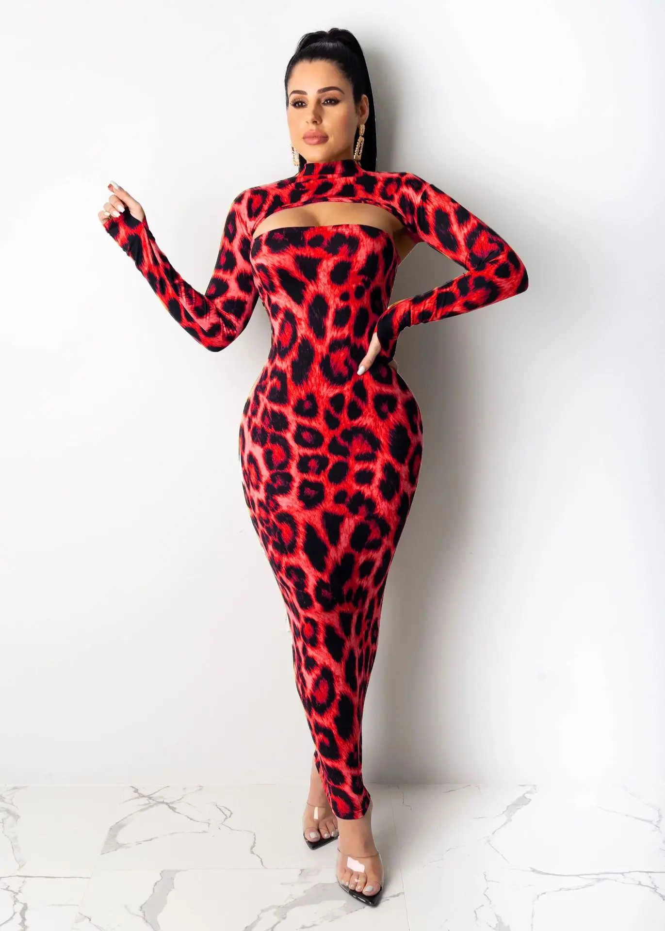 Сексуальное неоновое леопардовое Бандажное платье, женское облегающее платье с высоким воротником и вырезом спереди и длинным рукавом, эластичное облегающее платье макси, осеннее платье