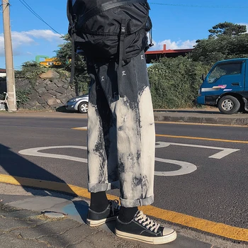 

2019 Men's Gradual Change Color Wide Leg Pants Baggy Homme Casual Pants Cargo Pocket Wash Jeans Male Biker Denim Trousers S-2XL