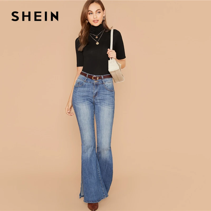 SHEIN черная однотонная облегающая Повседневная футболка с высоким воротом, женские топы, осень, женские офисные эластичные базовые футболки с коротким рукавом