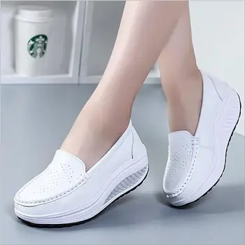 

Cow Two-layer Leather White Women's Shoes Breathable Fashion Flat Shoes; Thick Bottom Women's Nurse Shoes Zapatos De Mujer 42