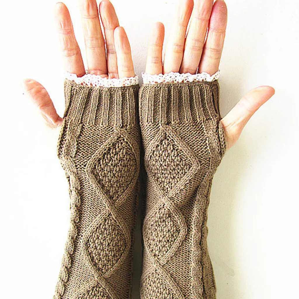 Женские зимние перчатки, вязанный выемчатый лист, кружева, сохраняющие тепло, перчатки без пальцев, перчатки для ерчатки, женские перчатки Wd3