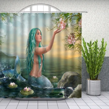 

Sexy Mermaid Shower Curtains Spring Green Plant Flower Lotus Bathroom Decor Home Bath Waterproof Cloth Curtain Set