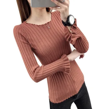 

Women Autumn Winter Tops Slim Fashion Casual O-Neck Ruffles Sweaters Solid Color Butterfly Sleeve Long Sleeve Sweaters