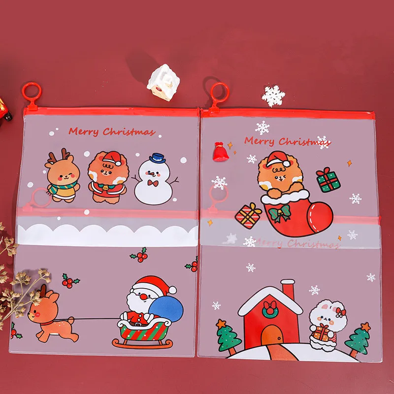 

Christmas Ring Document Bag Filing Products Pocket Folders Transparent Waterproof Storage Bag Stationery Gift Zipper Pencil Case
