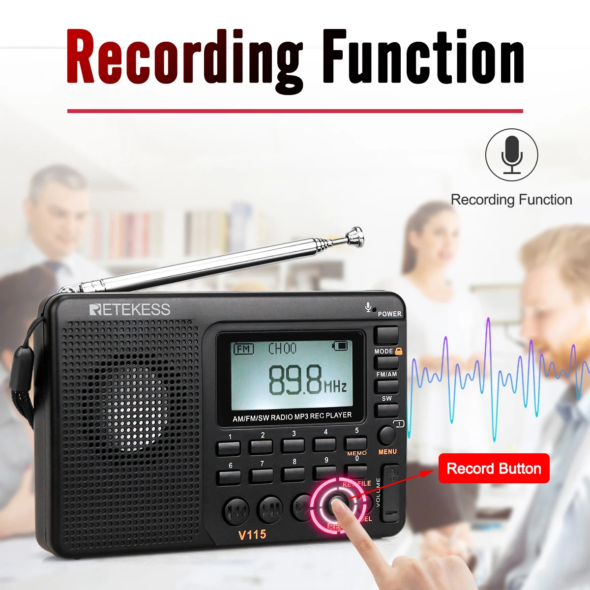 Gravador de Sono Retekess sw Rádio Digital Receptor Portátil Backlight Display Lcd Suporte tf Cartão Rec Tempo V115 fm - am - Image 6