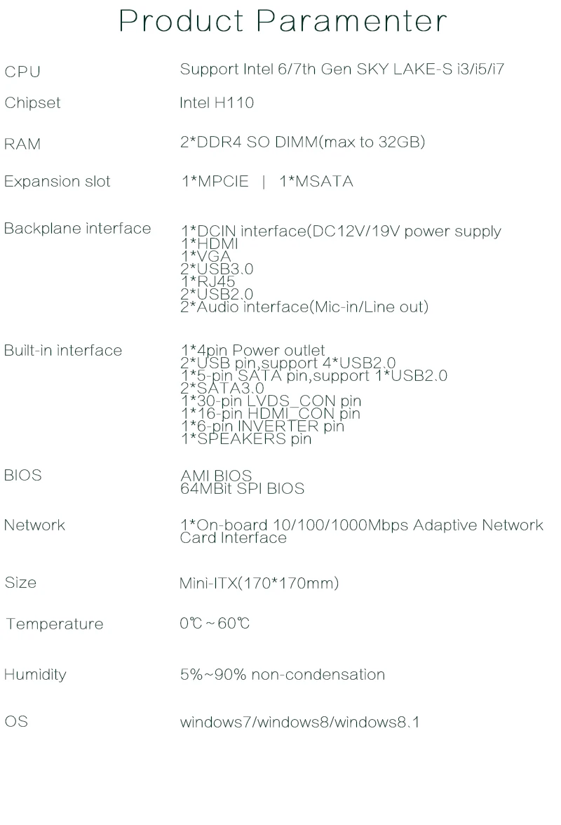 Intel H110 материнская плата Mini ITX ddr4 Поддержка 6/7th gen I3/I5/I7
