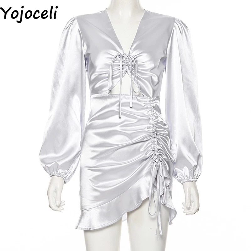 Yojoceli, сексуальное, гофрированное, сатиновое, черное, плиссированное платье, на осень, открытая, элегантное, женское платье, вечерние, для клуба, повседневное, короткое платье, vestidos - Цвет: Бежевый