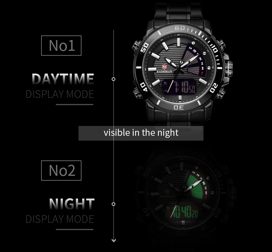 Kademan цифровые и кварцевые часы новые модные повседневные и спортивные часы мужские стальные водонепроницаемые видимые в ночное время K9043